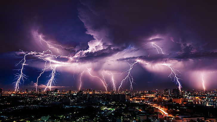 kilat, langit, guntur, kota, badai, malam, awan, lanskap kota, fenomena, metropolis, badai, malam, Wallpaper HD