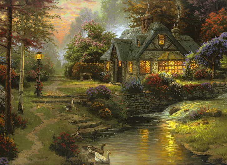 lukisan rumah hijau dan abu-abu, musim panas, matahari terbenam, malam, sungai, lukisan, pondok, bangku, seni, angsa, Thomas Kinkade, Pondok Stillwater, Wallpaper HD