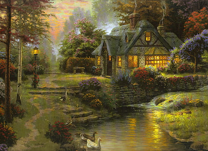maison verte et grise peinture, été, coucher de soleil, le soir, rivière, peinture, chalet, banc, art, oies, Thomas Kinkade, Stillwater Cottage, Fond d'écran HD HD wallpaper
