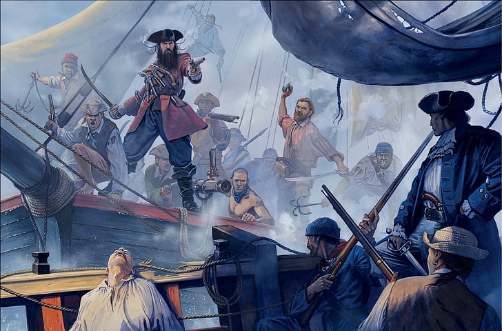 malowanie piratów, broń, figura, bitwa, sztuka, piraci, zdobywanie, muszkiety, pistolety, tasak, Edward Teach, arkebuz, 1718 rok, deska, slup 