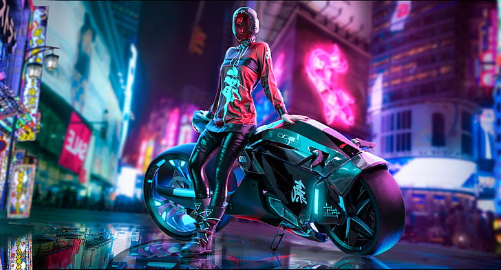 Gadis, Kota, Neon, Sepeda Motor, Seni, Cyberpunk, Wallpaper HD