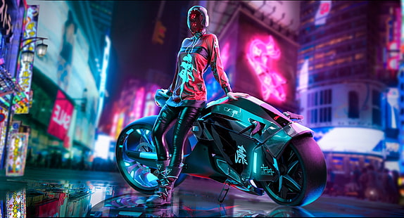 Girl, The city, Neon, Motorcycle, Art, Cyberpunk, HD wallpaper HD wallpaper