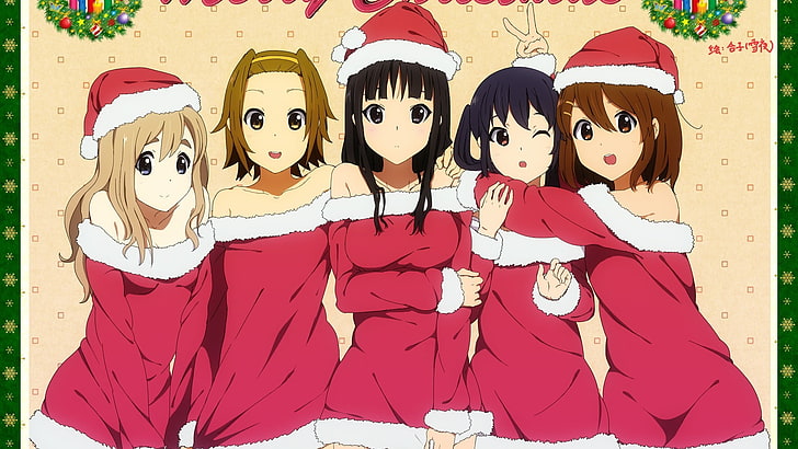 group of women in santa costume illustration, K-ON!, Hirasawa Yui, Nakano Azusa, Kotobuki Tsumugi, Tainaka Ritsu, Akiyama Mio, anime, anime girls, Christmas, Santa hats, HD wallpaper