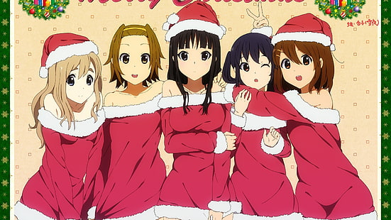 กลุ่มผู้หญิงในภาพประกอบชุดซานต้า, K-ON!, Hirasawa Yui, Nakano Azusa, Kotobuki Tsumugi, Tainaka Ritsu, Akiyama Mio, อะนิเมะ, สาวการ์ตูน, คริสต์มาส, หมวกซานต้า, วอลล์เปเปอร์ HD HD wallpaper