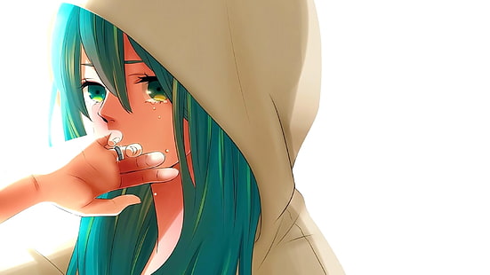 Anime, Anime Girls, weißer Hintergrund, lange Haare, Aqua-Haare, Aqua-Augen, Weinen, Traurigkeit, Hatsune Miku, HD-Hintergrundbild HD wallpaper