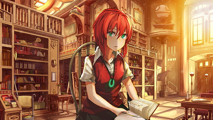 Anime, The Ancient Magus' Bride, Chise Hatori, Green Eyes, Library, Red Hair, Short Hair, HD wallpaper
