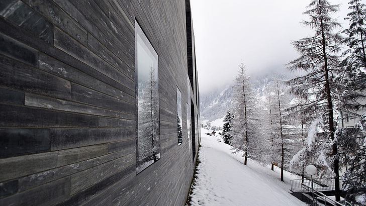 коричневый деревянный дом, домик, снег, зима, HD обои