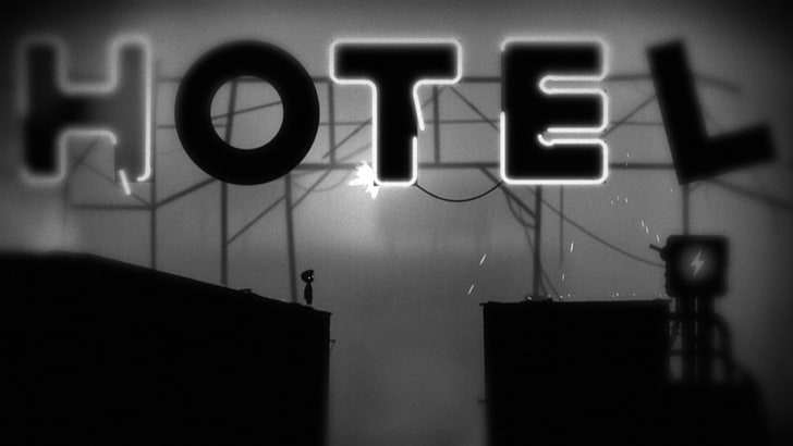 signage LED hotel abu-abu, Limbo, hotel, tanda, monokrom, video game, Wallpaper HD