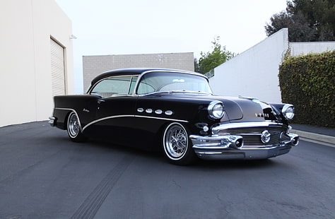 classic black coupe, 1956 buick century, vintage, cars, side view, HD wallpaper HD wallpaper