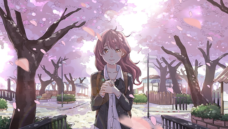 koe no katachi, nishimiya shouko, sakura blossom, uniforme escolar, Anime, Fondo de pantalla HD