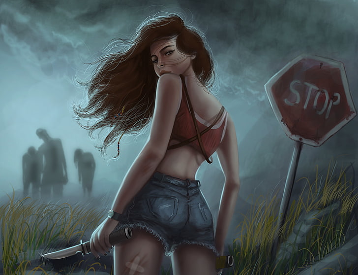 woman holding knife standing near the stop signage digital painting, look, girl, weapons, sign, hair, shorts, art, stop, knife, zombies, survival, HD wallpaper