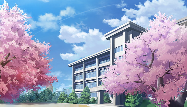 scuola di anime, costruzione, fiore di sakura, nuvole, anime, Sfondo HD