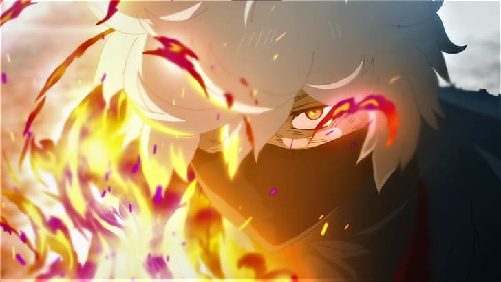 Höllenparadies: Jigokuraku, Gabimaru, Maske, weißes Haar, gelbe Augen, leuchtende Augen, Feuer, Anime, Anime-Screenshot, Anime-Jungs, HD-Hintergrundbild