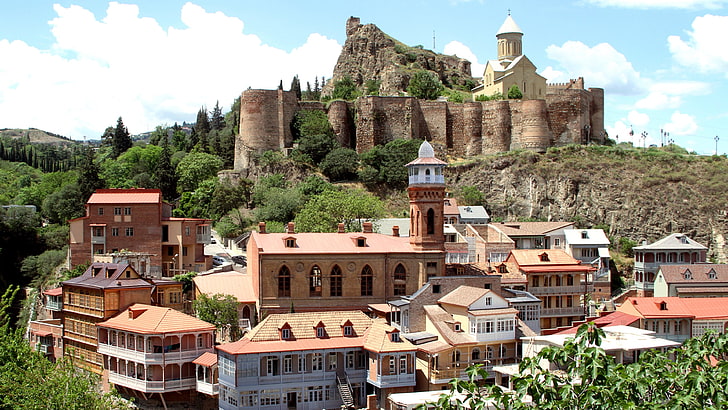 mountain village, narikala, narikala fortress, town, village, historic site, fortress, tbilisi, georgia, HD wallpaper