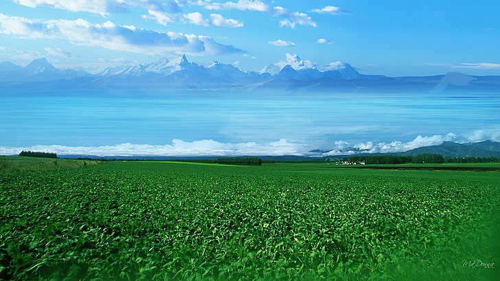clouds country Sea Beyond the Fields Nature Fields HD Art , Clouds, Green, Field, mountains, country, farm, HD wallpaper