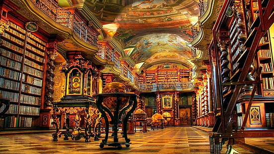 photography, books, library, historic, globe, painting, artwork, shelf, gold, stairs, Prague, Czech Republic, ornamented, National Library, HD wallpaper HD wallpaper