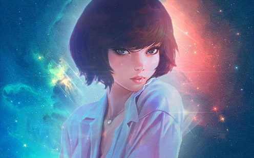 konstverk av kvinna, anime, kort hår, galax, redigerad, Ilya Kuvshinov, HD tapet HD wallpaper