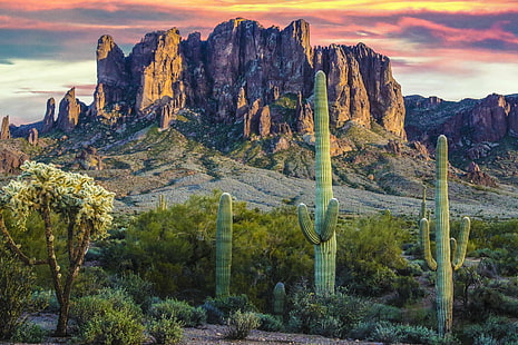 landscape photo of rock mountain, superstition mountains, superstition mountains, Superstition Mountains, photo, rock mountain, Cactus, Landscape, Superstitions, nature, mountain, scenics, rock - Object, sunset, outdoors, famous Place, geology, beauty In Nature, sandstone, travel, sky, HD wallpaper HD wallpaper