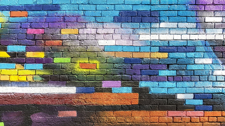 wall, brick, purple, material, brickwork, pattern, art, street art, graffiti, HD wallpaper