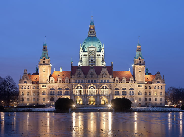 New City Hall in Hanover, Germany, teal and white dome building, Europe, Germany, City, Hall, hanover, HD wallpaper