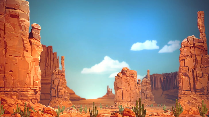 Monument Valley Nationalpark, Schlucht, digitale Kunst, Landschaft, Felsen, Kaktus, Grafik, HD-Hintergrundbild