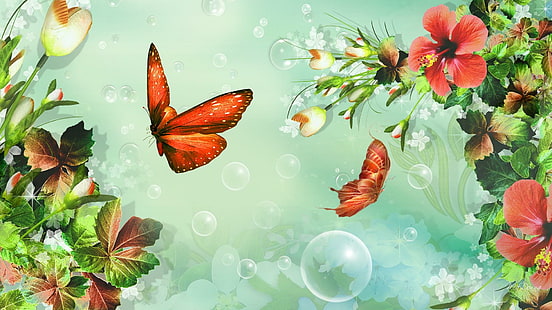 Distinzione floreale, primavera, arancio, bolle, foglie, estate, farfalle, verde, fiori, 3d e astratto, Sfondo HD HD wallpaper