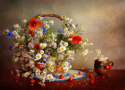oranye dan putih bunga petaled, bunga, buket, lukisan alam benda, Wallpaper HD HD wallpaper