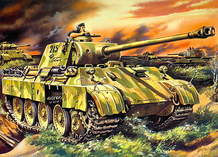 мъж, возещ зелен и жълт боен танк илюстрация, фигура, пантера, вторият свят, германците, вермахтът, среден танк, Sd.Car 171, Велика Германия, Руденко, велика Германия, Pz.Kpfw.In Panther, HD тапет HD wallpaper
