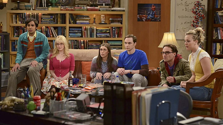 men's blue crew-neck shirt, The Big Bang Theory, Sheldon Cooper, Raj Koothrappali, Leonard Hofstadter, Penny, Bernadette Rostenkowski, Amy Farrah Fowler, Kaley Cuoco, HD wallpaper