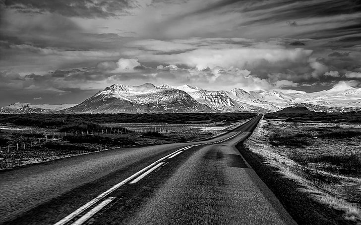 The Road Ahead, blackandwhite, grey, iceland, landscape, mountains, perspective, photography, roads, sky, HD wallpaper