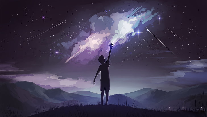 صورة ظلية الصبي ، التوضيح ، الليل ، الجبال ، النجوم ، العمل الفني، خلفية HD