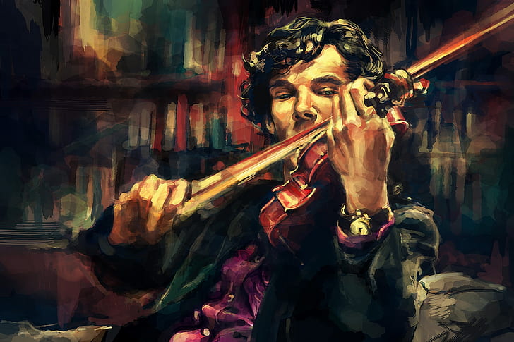 bbc violiner Sherlock Holmes konstverk Benedict Cumberbatch klockor virtuos Alice x Zhang Sherlock bbc konstverk HD Art, BBC, violiner, HD tapet