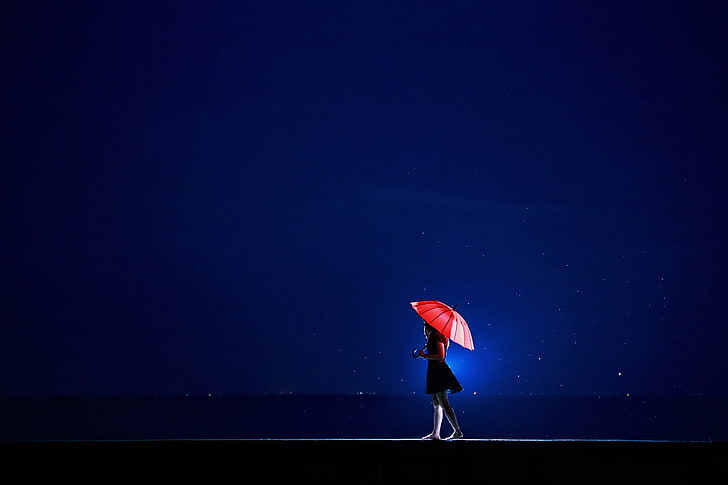 woman in black dress holding red umbrella, nature, landscape, umbrella, barefoot, HD wallpaper