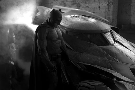 Batman, Batman, Batman - Süpermen: Adaletin Şafağı, Batmobil, DC Çizgi Roman, monokrom, filmler, Ben Affleck, HD masaüstü duvar kağıdı HD wallpaper