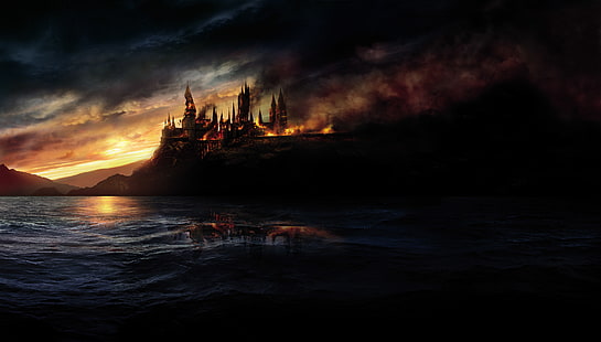 8K, Hogwarts, 4K, Burning, Harry Potter and the Deathly Hallows, HD wallpaper HD wallpaper