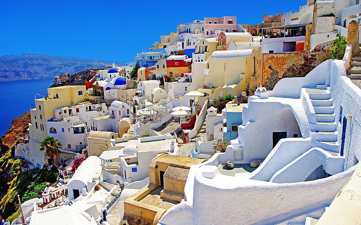 mesa de madera blanca y azul, Grecia, paisaje, Fondo de pantalla HD