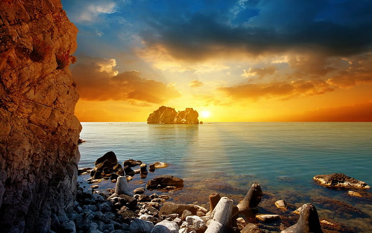 pemandangan, laut, sinar matahari, pantai, awan, Wallpaper HD