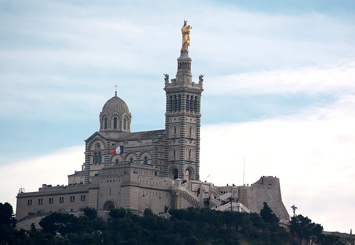 архитектура, базилика, градове, Франция, Марсилия, паметници, Notre-Dame-de-la-garde, панорама, панорамен, Прованс, храм, градски, HD тапет