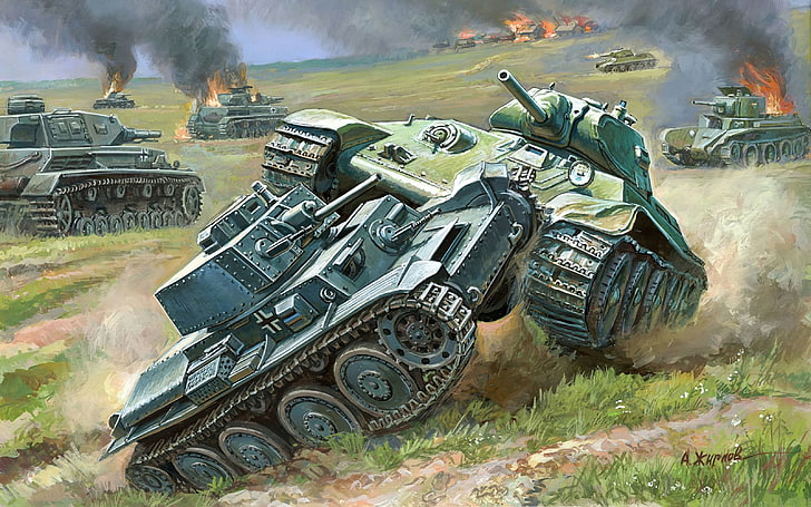 ilustrasi tank hijau, mudah, seni, artis, tank, pertempuran, Perang Dunia II, Jerman, Soviet, rata-rata, A. Zhirnov, T-34-76, WW2., tiga puluh empat, PZ.Kpfw.38. (T),arr., domba, 1940., Wallpaper HD