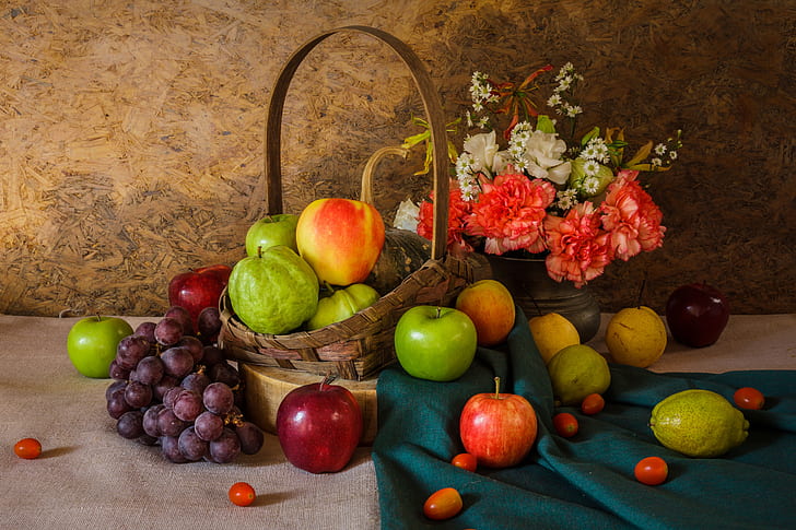 blommor, äpplen, bukett, druvor, pumpa, frukt, stilleben, grönsaker, päron, grönsaker, HD tapet