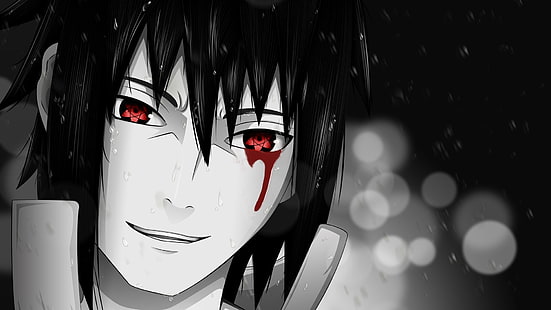 Uchiha Sasuke, кръв, Eternal Mangekyou Sharingan, Sharingan, аниме момчета, Naruto Shippuuden, боке, дъжд, аниме, селективно оцветяване, кървящи очи, червени очи, HD тапет HD wallpaper
