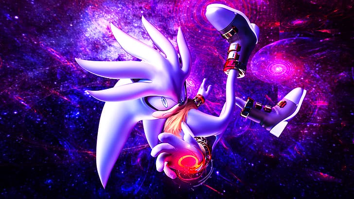 silver, Sonic, Sonic the Hedgehog, video game art, PC gaming, Sega, purple background, black background, galaxy, video game characters, artwork, HD wallpaper