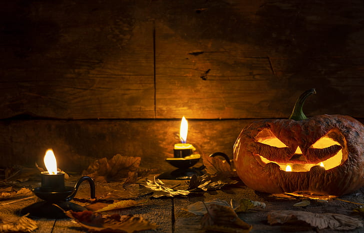 autumn, leaves, pumpkin, Halloween, HD wallpaper