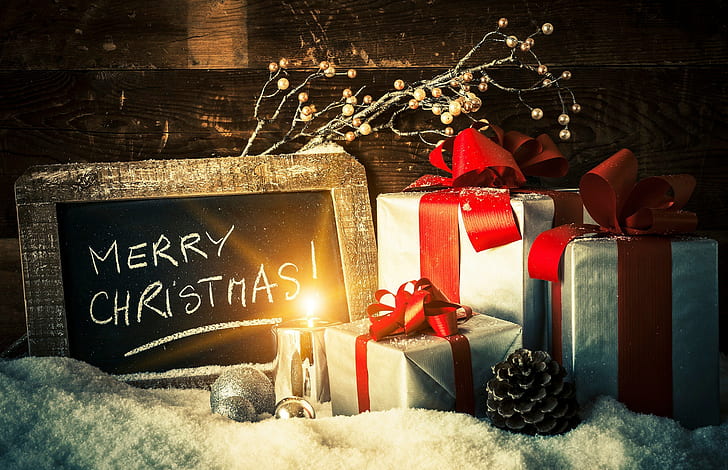 Vacanze di Natale, neve, ramo, palline, candele, bump, scatola, giocattoli, Natale, regali, vacanze, Capodanno, tavola, Sfondo HD