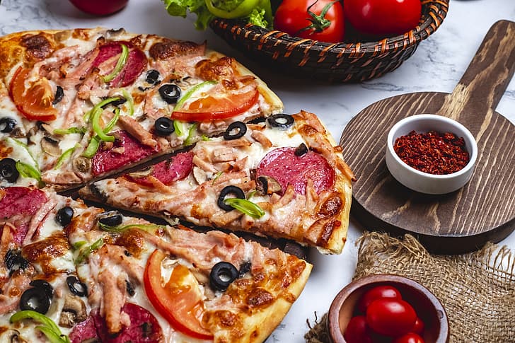 pepper, pizza, salami, tomatoes, HD wallpaper