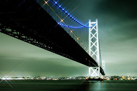 Pontes, Ponte Akashi Kaikyo, Ponte Akashi Kaikyō, Ponte, Cidade, Japão, Kobe (Cidade), Luz, Noite, Mar, HD papel de parede HD wallpaper