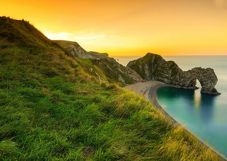 Terra, Durdle Door, Dorset, Inghilterra, erba, oceano, roccia, mare, Sfondo HD