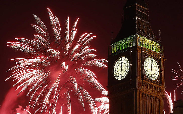 New Year’s fireworks-celebration-of midnight-Big Ben clock in London-Wallpaper HD for Desktop full screen-2560×1600, HD wallpaper