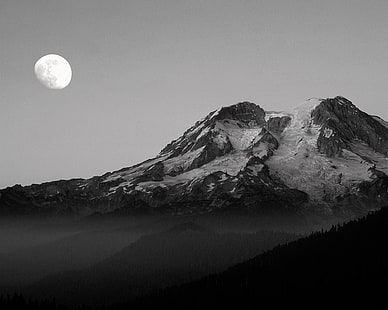 заснежена планина, планини, планина, черно и бяло, луна, сняг, HD тапет HD wallpaper
