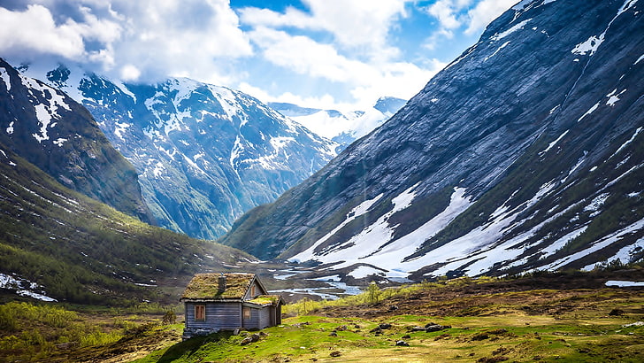 brązowy i szary drewniany dom, przyroda, dolina, góry, Norwegia, chata, Tapety HD